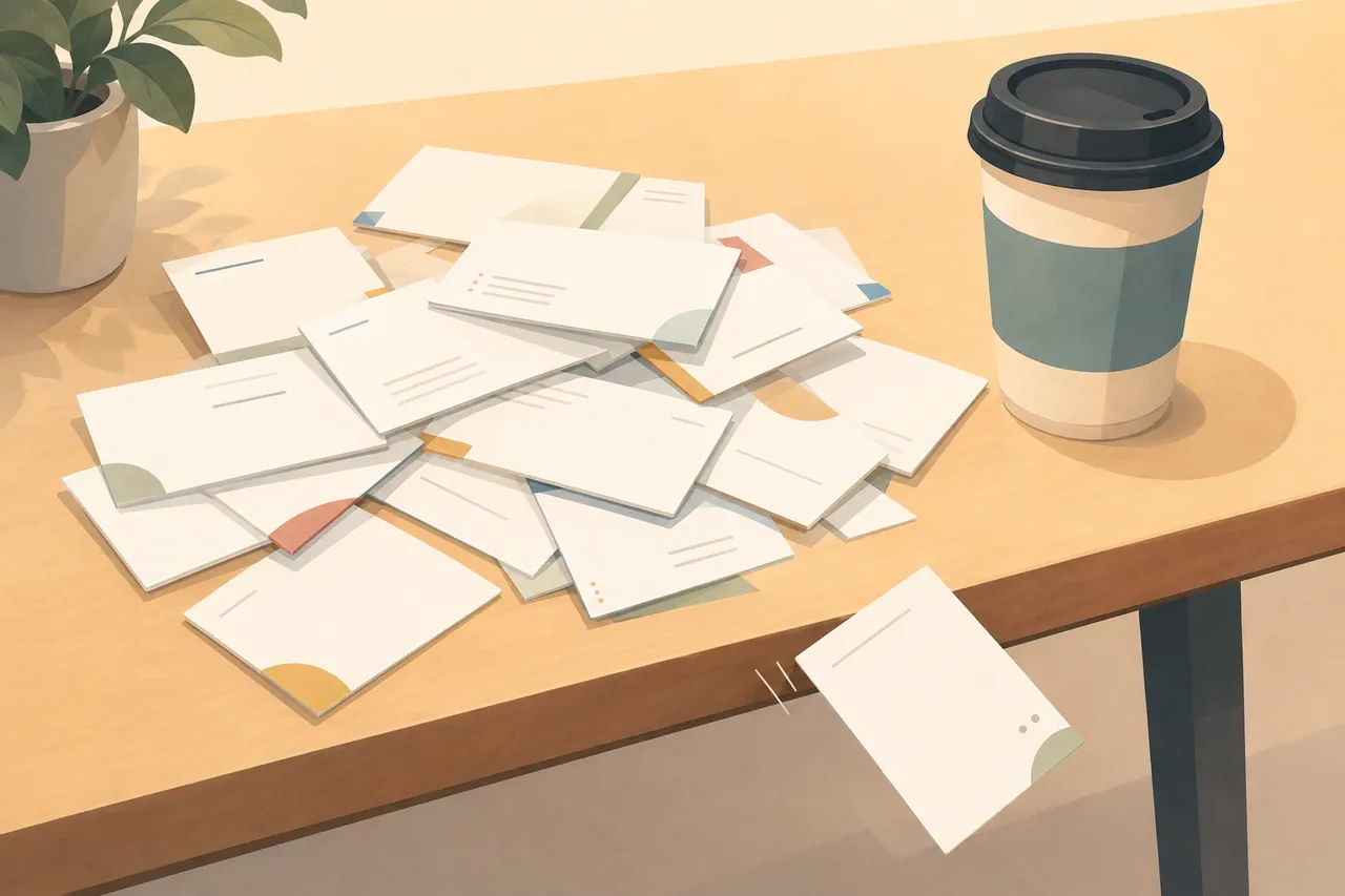 A scattered pile of blank business cards on a desk, one tipping off the edge beside a cold coffee